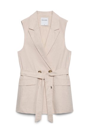 Ärmellose beige Weste mit Reverskragen, zwei vorderen Klappentaschen, schildpattfarbenen Knöpfen und einem passenden Stoffgürtel, der in der Taille gebunden ist.