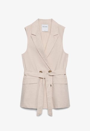 Sleeveless beige vest with lapel collar, two front flap pockets, tortoiseshell buttons, and a matching fabric belt tied at the waist.