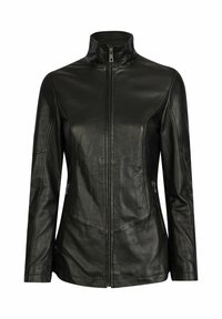 Black leather jacket with a stand collar, front zipper, and two side pockets. Features tailored seams and a smooth, matte texture.