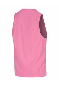 Ärmelloses pinkes Oberteil mit gerippter Textur, Rundhalsausschnitt und lockerem Schnitt. Die Rückansicht zeigt glattes Material und keine sichtbaren Beschläge.