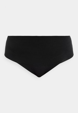 Czarny, bezszwowy dół od bikini z wysokim stanem, gładkim, szerokim paskiem w talii i lekko zaostrzonym przednim środkiem.