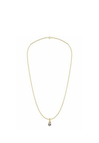 Naszyjnik w kolorze złota z delikatnym łańcuszkiem i zawieszką w kształcie łzy. Zawieszka ma umieszczony u podstawy przezroczysty kamień szlachetny.
