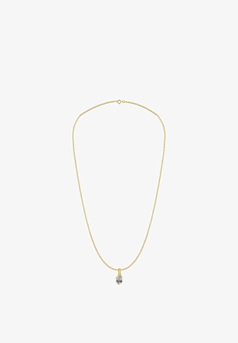Naszyjnik w kolorze złota z delikatnym łańcuszkiem i zawieszką w kształcie łzy. Zawieszka ma umieszczony u podstawy przezroczysty kamień szlachetny.