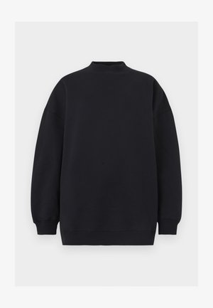 Black oversized sweatshirt with ribbed mock neck, long sleeves, and ribbed cuffs and hem, displayed on a neutral background.