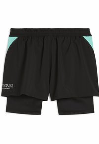 Mustad mustiku värvi sportlikud lühikesed püksid, millel on kerge kangas, elastne vöökoht ja türkiissinised silmadele aksendid külgedel, millel on kihiline disain.