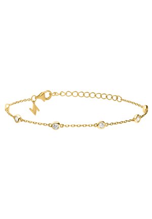 Goldfarbenes Armband mit fünf klaren Edelsteinakzenten. Verfügt über ein zartes Kettendesign, einen Karabinerverschluss und eine verstellbare Länge mit Gliederverlängerung.