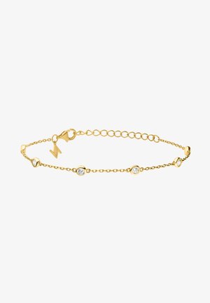 Goldfarbenes Armband mit fünf klaren Edelsteinakzenten. Verfügt über ein zartes Kettendesign, einen Karabinerverschluss und eine verstellbare Länge mit Gliederverlängerung.