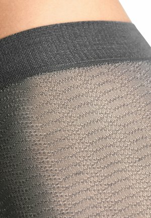 Doorschijnende panty's met een gestructureerd diamantpatroon, overgaand van een donkergrijze tailleband naar een lichtere body, met een gladde, zachte afwerking.