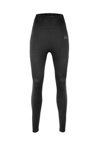 Black high-waisted leggings with a smooth texture, ribbed accents, and a small logo on the waistband. Made from stretchy material for comfort.