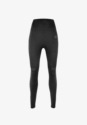 Czarne legginsy z wysokim stanem o gładkiej fakturze, z prążkowanymi akcentami i małym logo na pasku. Wykonane z elastycznego materiału zapewniającego komfort.