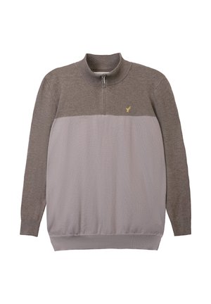 Sivi pulover s polnim zadrgo in svetlo sivo spodnjo ploščo, rebrastimi ovratnikom in manšetam. Na prsih je majhen rumen logotip.