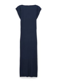 Robe bleu marine en tissu lisse, avec une coupe décontractée, des manches courtes et une silhouette longue jusqu'au sol. Design minimaliste sans motifs.