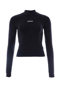 Schwarzes Langarmoberteil mit hohem Kragen, aus glattem Stoff gefertigt. Auf der Vorderseite ist der Markenname "DRDENIM" in Weiß aufgedruckt.