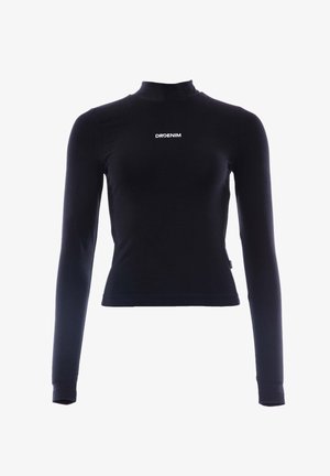 Svart långärmad topp med hög halsringning, tillverkad av ett slätt material. Har varumärkesnamnet "DRDENIM" i vitt på framsidan.