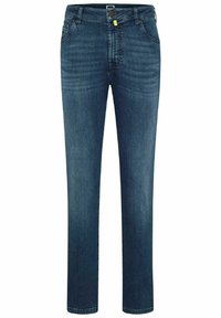 Jean en denim bleu foncé, avec une coupe droite, cinq poches, une fermeture à bouton et une texture légèrement délavée.