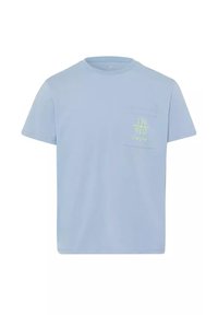 Jasnoniebieska bawełniana koszulka z okrągłym dekoltem, krótkimi rękawami i przednią kieszonką z zielonym graficznym napisem.