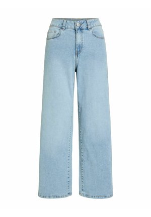 Jean ample taille haute bleu clair avec bouton frontal, fermeture éclair, passants de ceinture et poches latérales sur fond blanc.