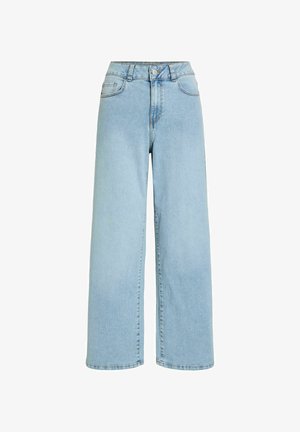 Svetlo modre kavbojke z visokim pasom in širokimi hlačnicami, z gumbi spredaj, zadrgo, zankami za pas in stranskimi žepi na belem ozadju.