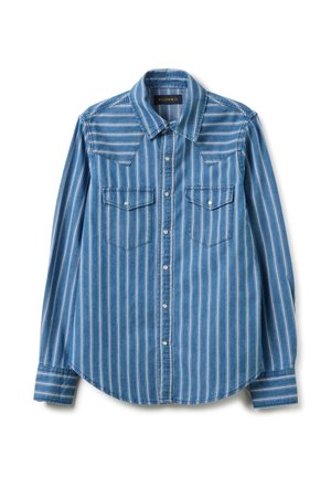 Blaue Denimbluse mit weißen vertikalen Streifen, spitzem Kragen, Druckknöpfen, zwei Brusttaschen und langen Ärmeln mit geknöpften Manschetten.