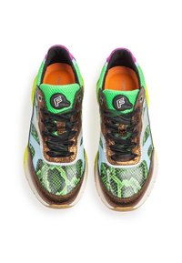Wielokolorowe trampki z zielonym wzorem w węża, brązowymi metalicznymi akcentami, niebieskimi panelami i czarnymi sznurówkami. Teksturowana górna część z siateczki.