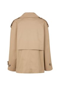 Beige trenchcoat med bred krave, skulderepaulettes og knapmanchetter; glat stof med minimalistisk design og rygklap.