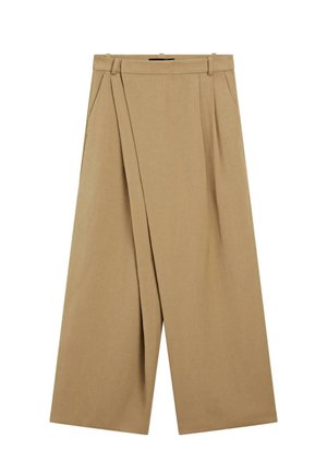 Beige wide-leg trousers with pleats, belt loops, and side pockets, displayed flat on a white background.