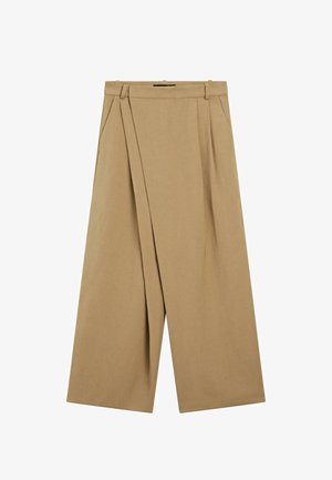 Beige wide-leg trousers with pleats, belt loops, and side pockets, displayed flat on a white background.