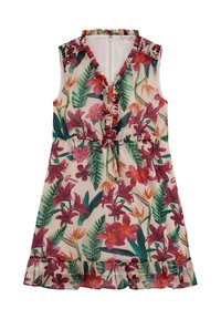 Blomstret ærmeløst kjole lavet af letvægtsstof, med en flæsekrave, farverige tropiske prints, en indsnævret talje og en flæseunderkant.