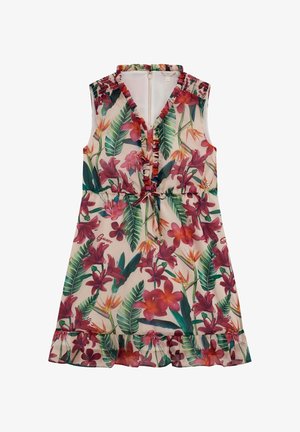 Ärmelloses Blumenkleid aus leichtem Stoff, mit einem Rüschenausschnitt, bunten tropischen Motiven, einer taillierten Taille und einem rüschierten Saum.