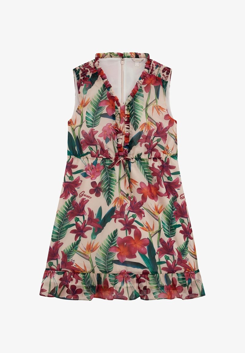 Robe sans manches à motifs floraux, en tissu léger, avec un col volanté, des imprimés tropicaux colorés, une taille cintrée et un ourlet à volants.