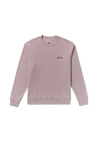 Light purple sweatshirt made of soft material, featuring a small graphic design on the chest, ribbed cuffs, and hem. Classic crew neck style.