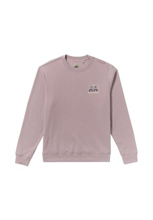 Light purple sweatshirt made of soft material, featuring a small graphic design on the chest, ribbed cuffs, and hem. Classic crew neck style.