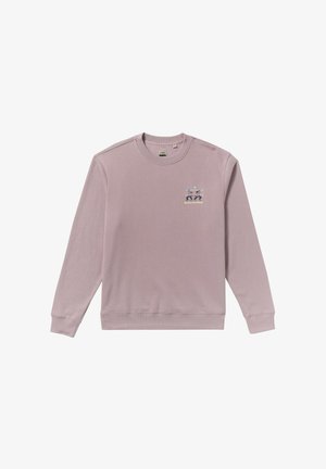 Light purple sweatshirt made of soft material, featuring a small graphic design on the chest, ribbed cuffs, and hem. Classic crew neck style.