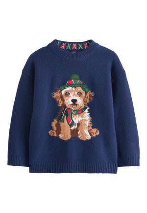 Pulover albastru marin cu manșete și margine striate, având pe partea din față o broderie cu un câine maro și alb care poartă o pălărie și o eșarfă verzi și roșii.