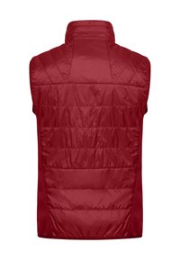 Gilet rosso imbottito con colletto alto, caratterizzato da sezioni trapuntate e una superficie liscia. Nessun elemento di chiusura o tasche visibili.