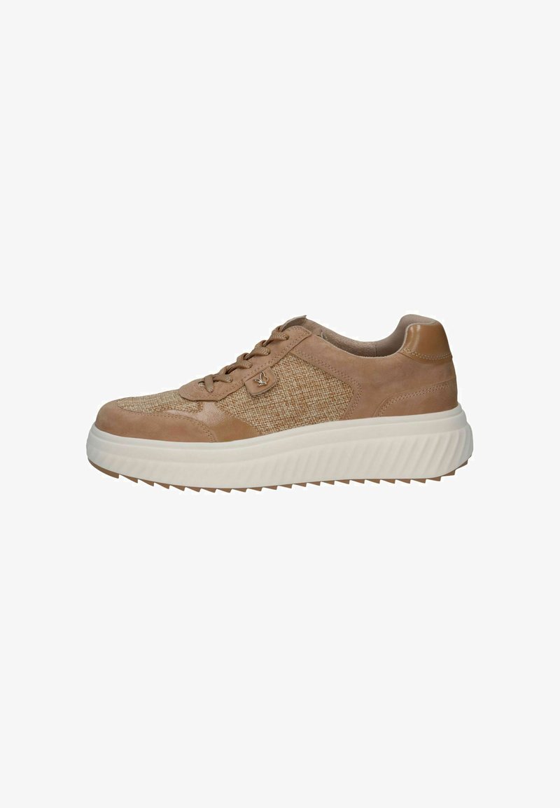 Beige sneaker with textured fabric and smooth leather accents. Features a thick white sole with ridged detailing and lace-up closure.