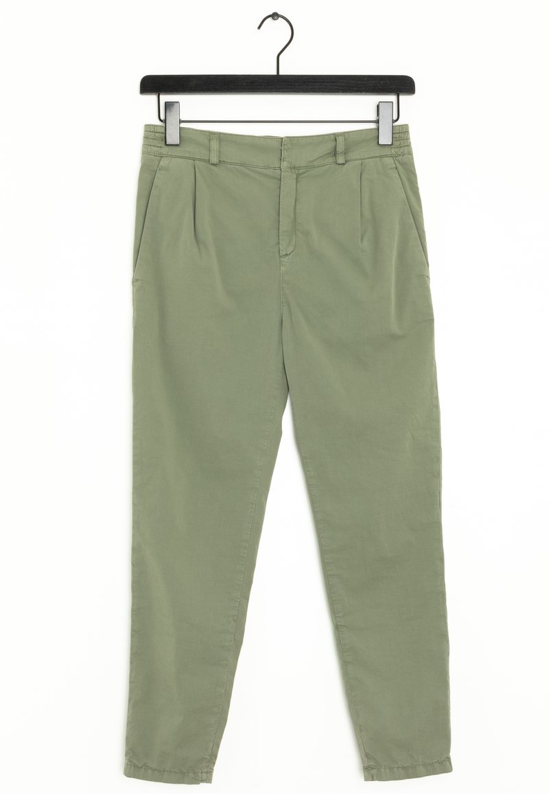 Olivově zelené kalhoty se zúženým střihem, s puky na přední straně, bočními kapsami a čistým lemem. Vyrobeno z měkké bavlněné tkaniny.