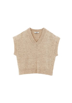 Jersey sin mangas beige de punto con escote en V, bordes acanalados y diseño corto, hecho de un material suave y texturizado.