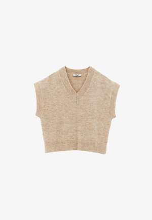 Beżowy dziergany bezrękawnik z dekoltem w szpic, wykończony ściągaczami, o krótkim fasonie, wykonany z miękkiego, teksturowanego materiału.