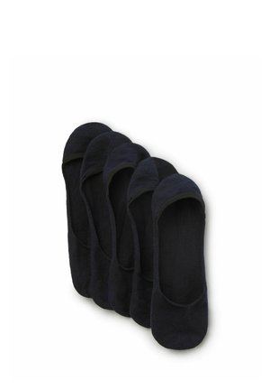 Fünf Paar schwarze, niedrig geschnittene, nicht sichtbare Socken, in einer Reihe auf weißem Hintergrund angeordnet.