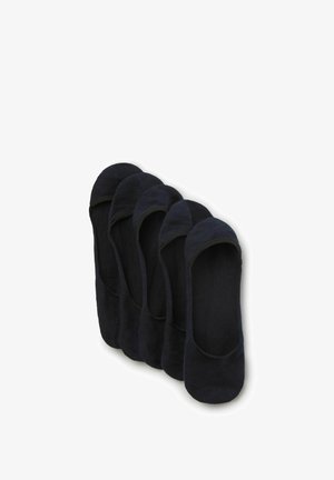Fünf Paar schwarze, niedrig geschnittene, nicht sichtbare Socken, in einer Reihe auf weißem Hintergrund angeordnet.