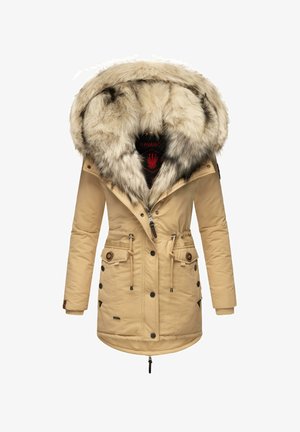 Parka aislante beige con capucha forrada de pelo, que cuenta con un cinturón ajustable en la cintura, botones delanteros, cierre con cremallera y dos bolsillos frontales.