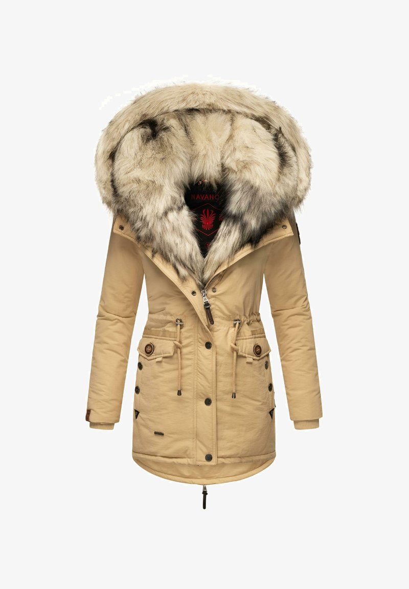 Beige insulated parka with a fur-lined hood, featuring a drawstring waist, front buttons, zip closure, and two front pockets.