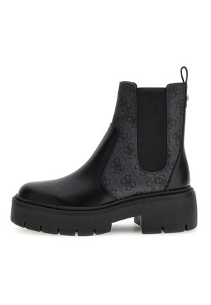 Stivale Chelsea in pelle nera con pannello in tessuto testurizzato; suola in gomma spessa; inserti elastici sui lati; punta arrotondata; linguetta sul tallone.