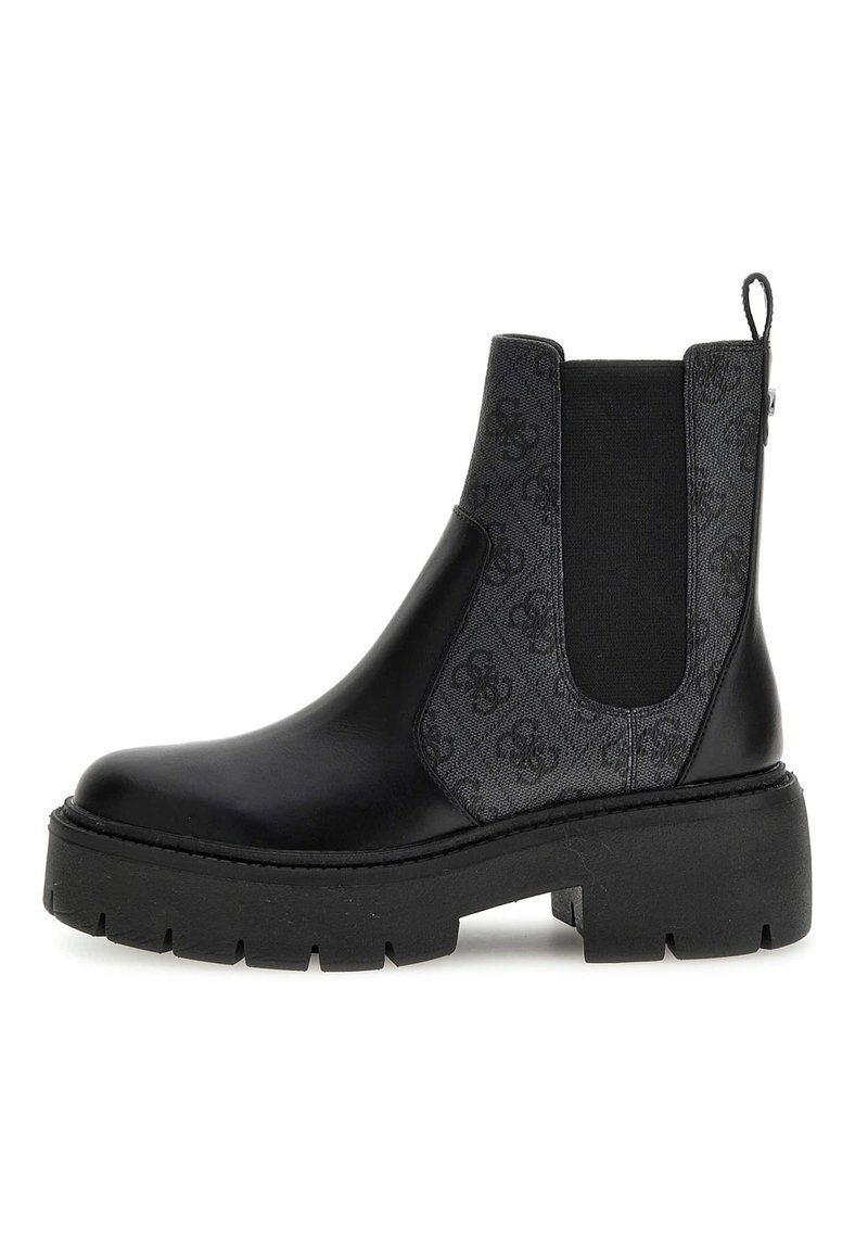 Stivale Chelsea in pelle nera con pannello in tessuto testurizzato; suola in gomma spessa; inserti elastici sui lati; punta arrotondata; linguetta sul tallone.