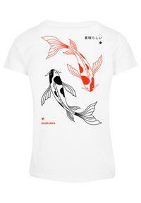 White t-shirt featuring black and red koi fish illustrations on the back, with text in Japanese above and red star below the design.
