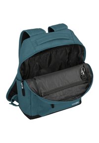 Zaino turchese con dettagli neri, presenta un ampio interno e un compartimento con zip. Realizzato in tessuto strutturato con spallacci regolabili.