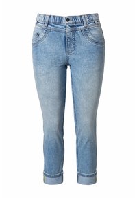 Jeans corti in denim azzurro chiaro con vita elastica, tasche anteriori e orli risvoltati. Texture morbida con finitura slavata.