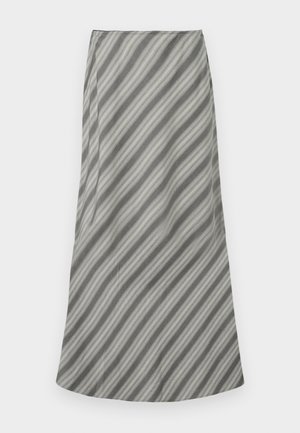 Gray skirt featuring diagonal stripes in varying shades, made of lightweight fabric with a smooth texture and a flowy silhouette.