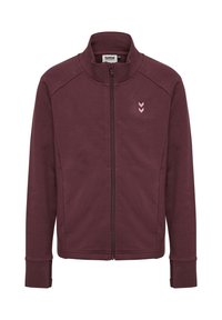 Bordeauxfärgad zip-up jacka med hög krage, långa ärmar och ribbade manschetter. Har en liten rosa logotyp med chevrondetaljer på bröstet.